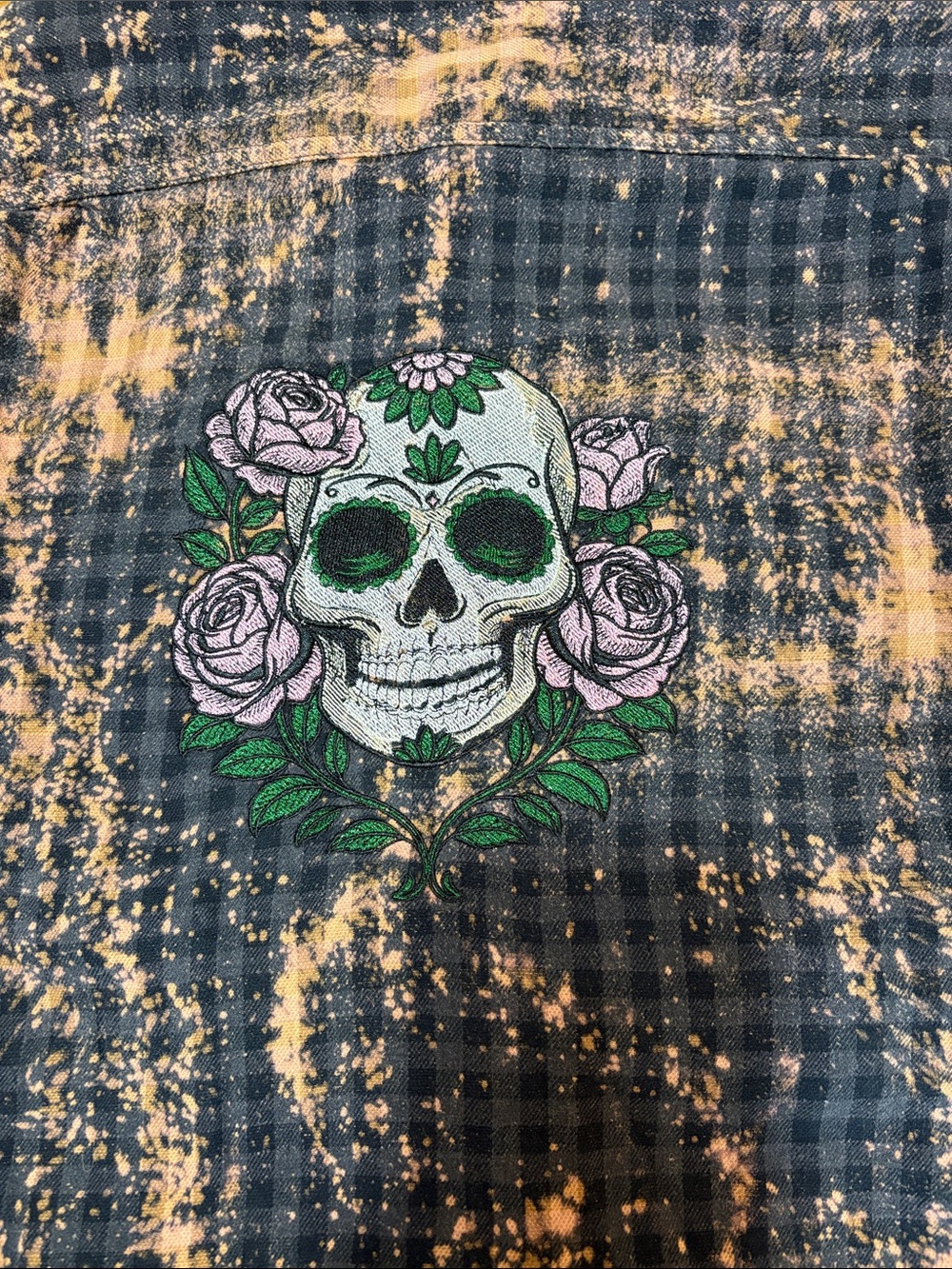Black Plaid Button-Down with Skull & Pink Rose Embroidery